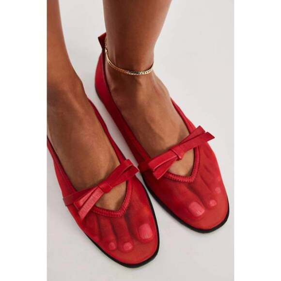 Free People Bow Mania  Leather Flats Ballet Shoes in Red NIB NEW Sz 9 $98 MSRP - Picture 1 of 10